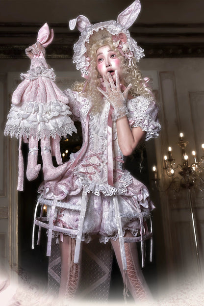 [Date limite de précommande : 6 octobre] Pink Castle Bunny ensemble poupée romantique avec haut corset à manches bouffantes en dentelle + short + surjupe à volants + surjupe cage à oiseaux Set 1/2/3