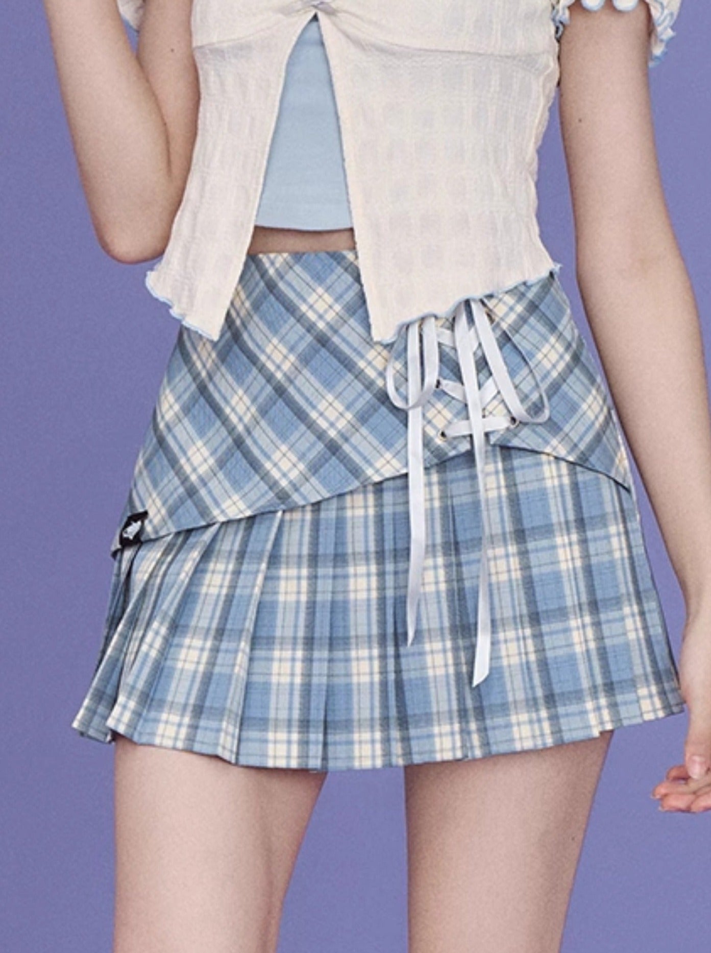 Lace-up Check Retro Blue Skirt