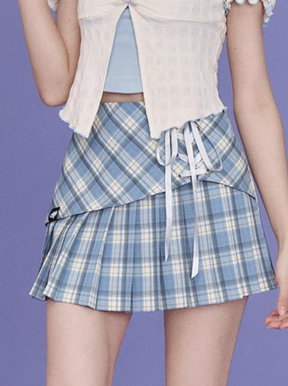 Lace-up Check Retro Blue Skirt