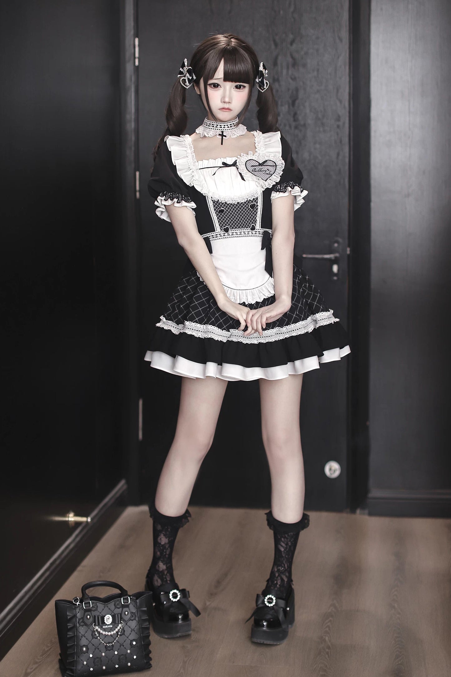 [Order Deadline: May 15] Black x White Lace Ruffle Maid Dress Full Set + Cross Choker