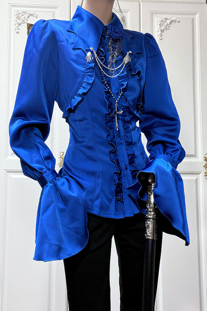 [Reservierungsschluss am 26. Juni] Blau/Schwarz/Grau/Grün/Lila/Weiß Gothic-Lolita-Hemd mit Fledermausflügel-Kragen und eleganten Rüschen-Flare-Ärmeln
