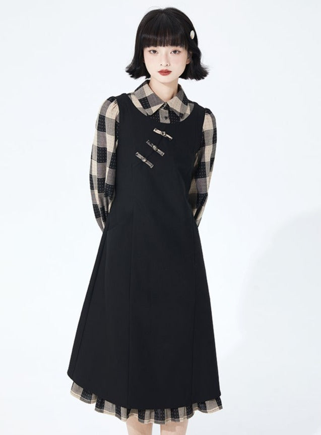 Lantern Sleeveless Lapel Check Dress