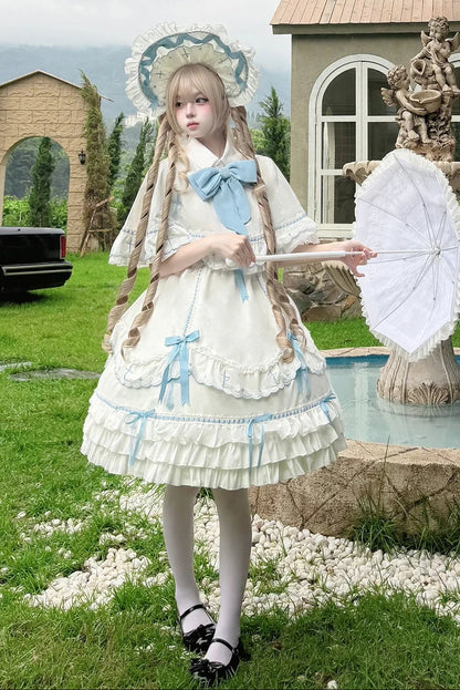 【10月4日予約締切】Blue & White / Pink & White Gothic-Inspired Sweet Lolita Ribbon Ruffle Dress＋Cross Embroidery Ribbon Cape