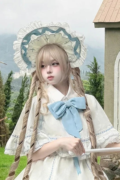 【10月4日予約締切】Four-color Gothic-style Sweet Lolita Cross Embroidery Ribbon Bonnet + Ruffle Scarf Headband