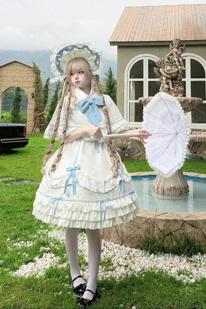 【10月4日予約締切】Blue & White / Pink & White Gothic-Inspired Sweet Lolita Ribbon Ruffle Dress＋Cross Embroidery Ribbon Cape