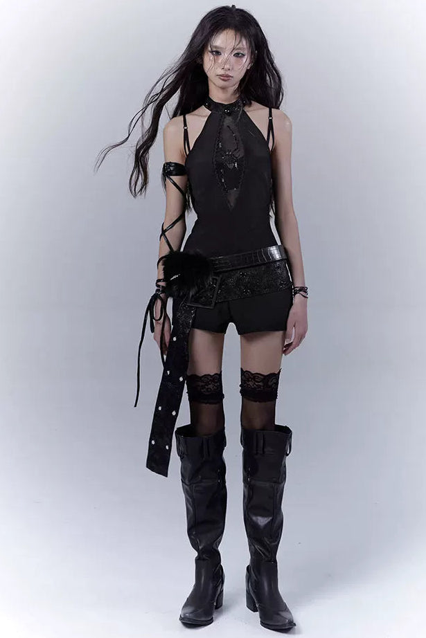 ダークモードノースリーブトップス+インナー+ベルト