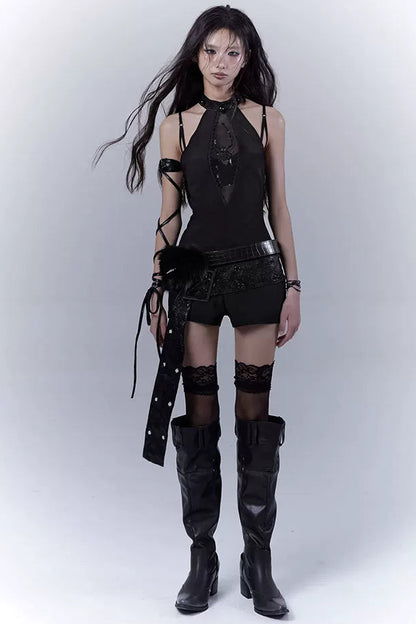 ダークモードノースリーブトップス+インナー+ベルト