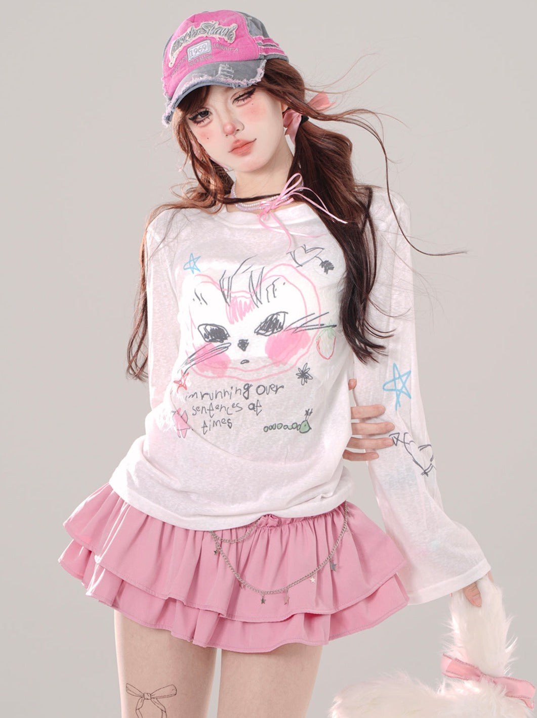 Cat Illustration White Slim Top