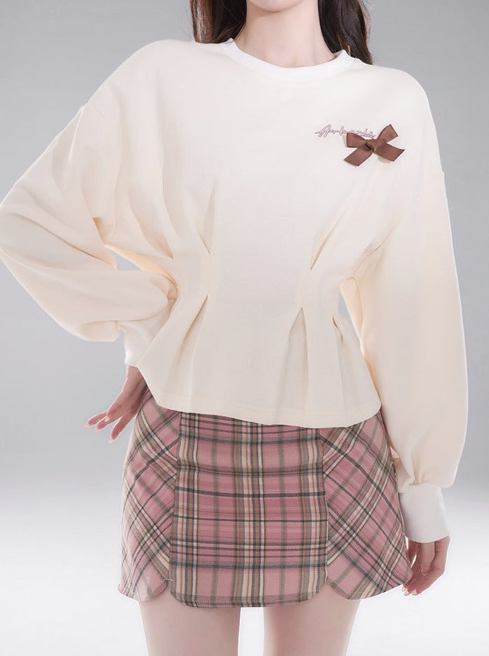 Apricot Peplum Sweatshirt + Check Skirt