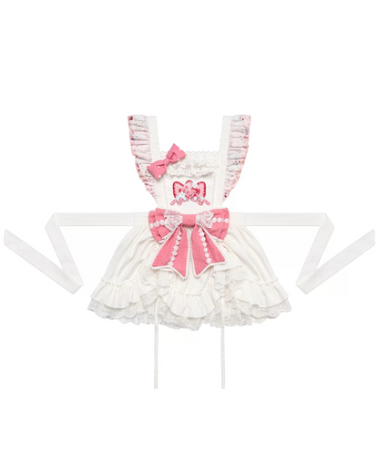 【10月21日予約締切】Pink/Blue Hanfu-inspired Little Lamb Tea Party Lace Wide Sleeve Blouse + Printed Ruffle Skirt + Pleated Mamian Skirt + Strawberry Embroidered Ribbon Lace Apron