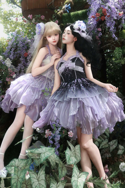 [Pre-order Deadline: June 18] Wisteria Purple Gradient Fairy Lolita Bow Layered JSK Dress + Full Set (Dress + Flower Hat)