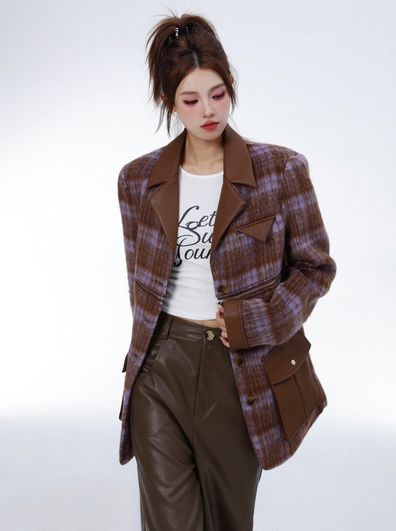 Retro 2wey high end coat wool check coat jacket