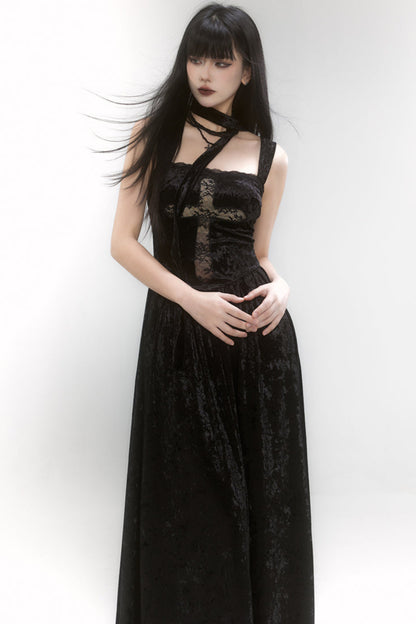 Velvet Lace Cross Long Dress + Shawl