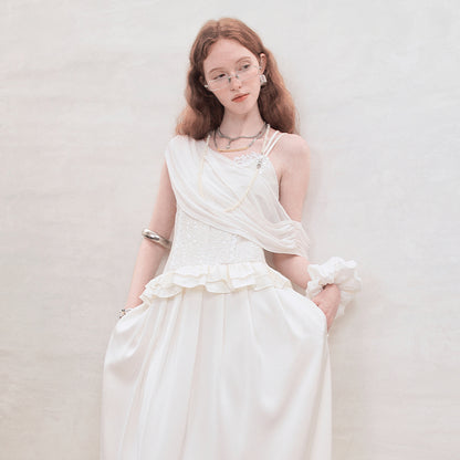 サマーアセテートレースロングドレス