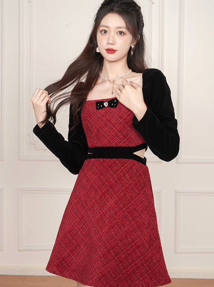 French Red Splicing Square Neck Waist Waist Design Dress