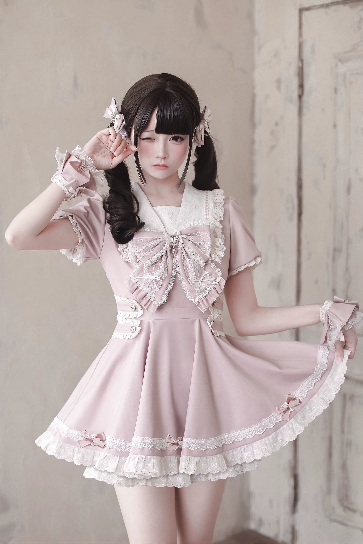 [Pre-order Deadline: April 15] Sailor Collar Pink Lace Jewel Ribbon Dress + Accessories