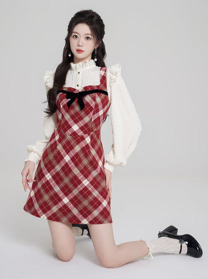 Retro French Red Check Suspender Dress + Ruffle Sleeve Blouse