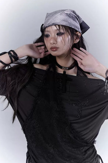 シアーオフショルレースハルタートップス