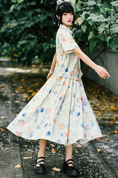 Chemise à revers imprimée rétro pop + jupe fraîche
