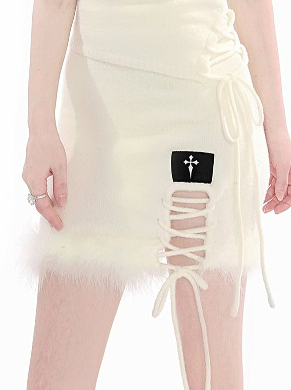 Real Feather Slit Strap Short Skirt