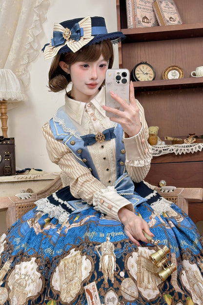 [Reservation Deadline: November 6] Navy Blue/Brown Classic Italian Travel Diary Lolita Vintage Print Bow Bustier JSK Dress with Metal Buttons & Lace Detail
