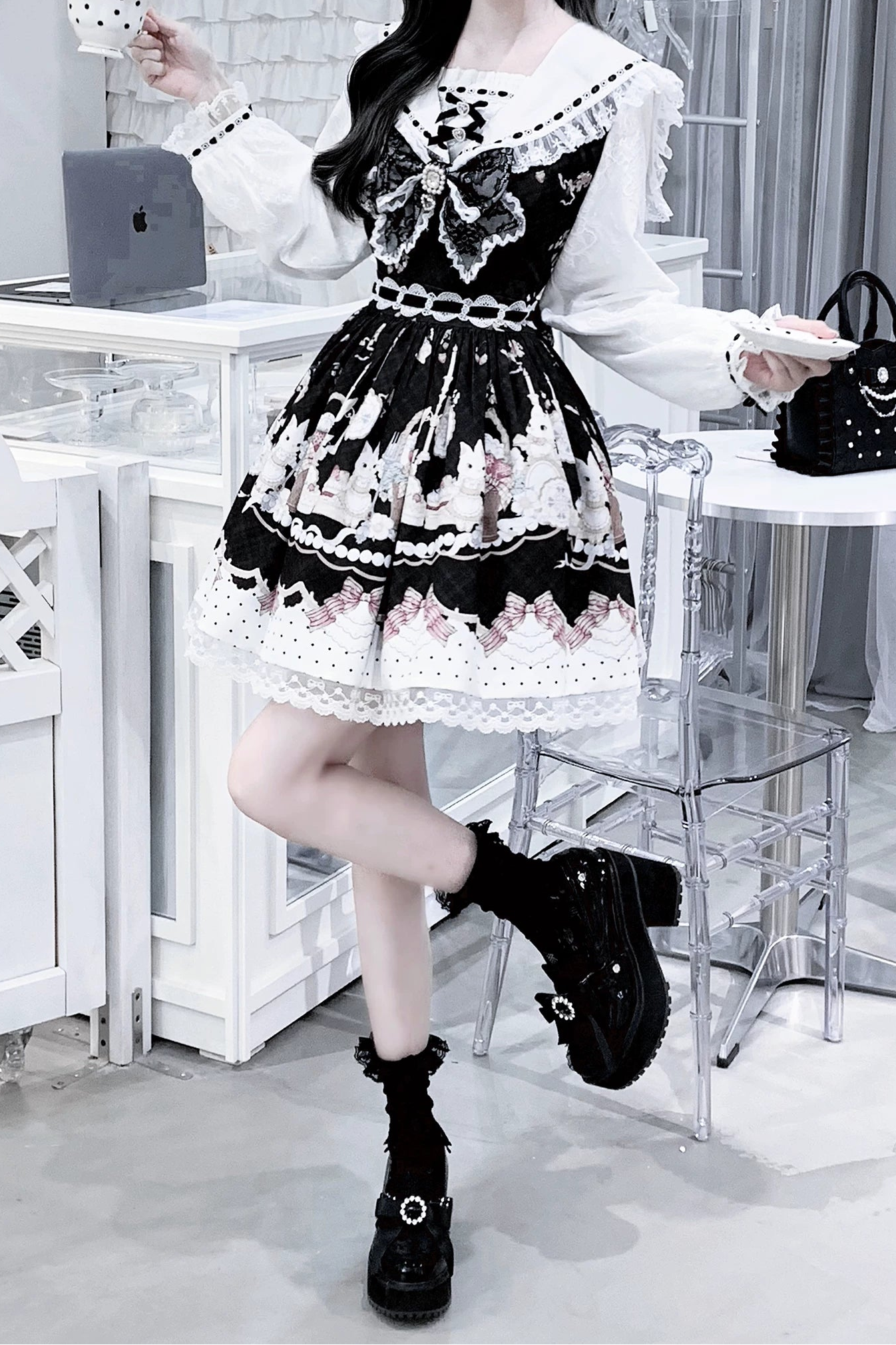 【8月30日予約締切】Black and Pink rabbit print lace sailor collar Op dress +pleated dress skirt set＋ 3 Styles of Bow Tie Available