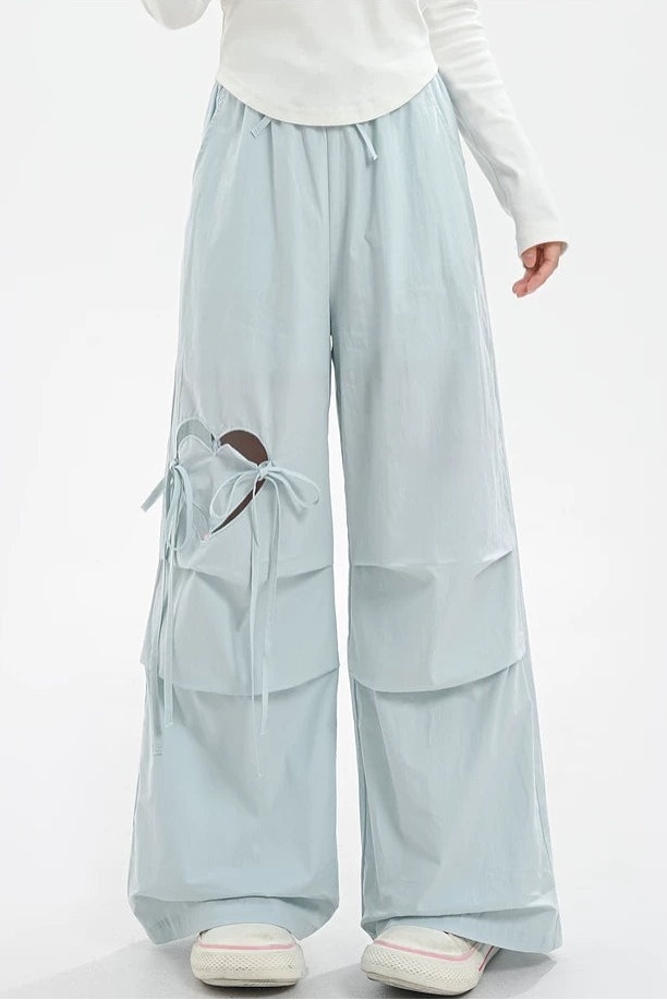 ハートワンポイントリボンハイウエストワイドレッグパンツ