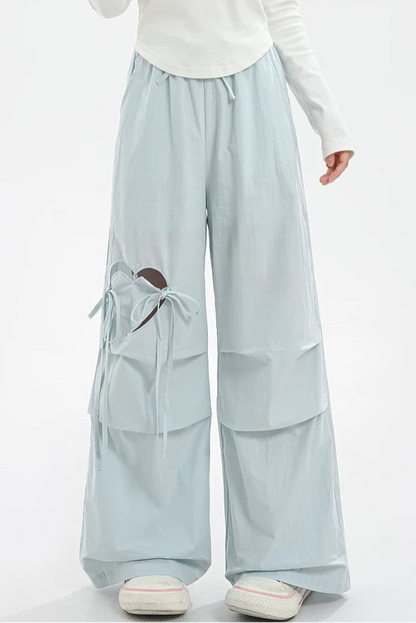 ハートワンポイントリボンハイウエストワイドレッグパンツ