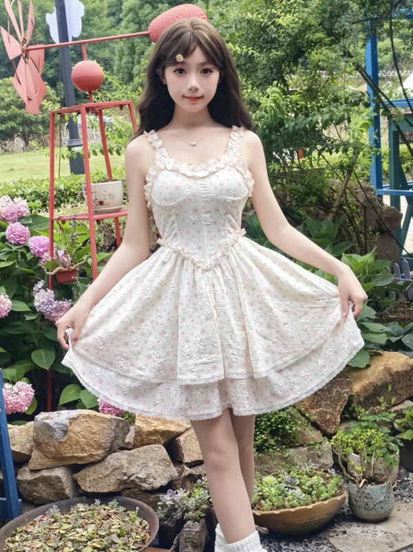 スイートガーリーフラワーノースリーブワンピース