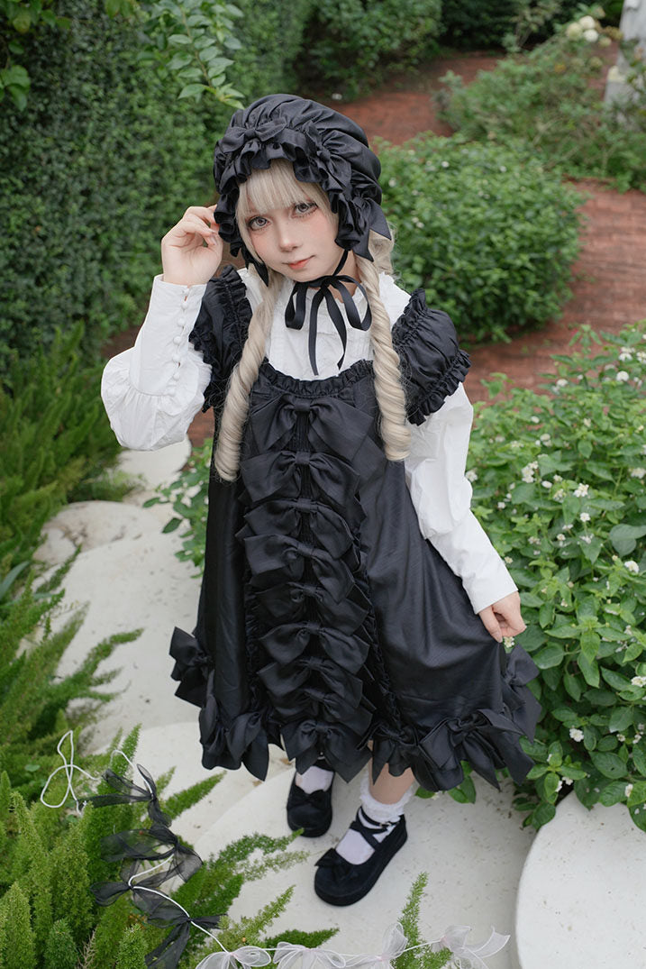 [November 15 Reservation Deadline] Black Gothic Doll-Style Front-And-Back Two-Way Ruffle Ribbon Lolita Dress (Short/Long) + Matching Shorts (Short/Long) + BB Hat