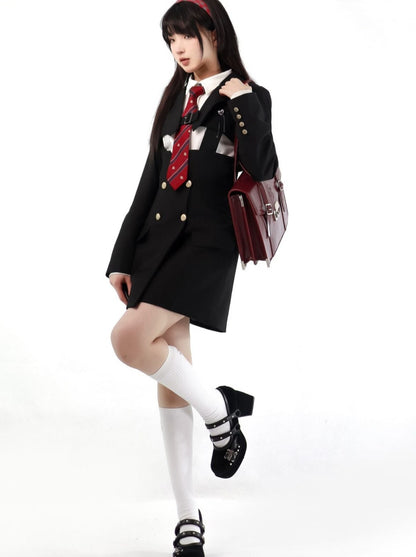 American High School Jacket Suspender Skirt + Cross Off-Shoulder Knit & Skirt