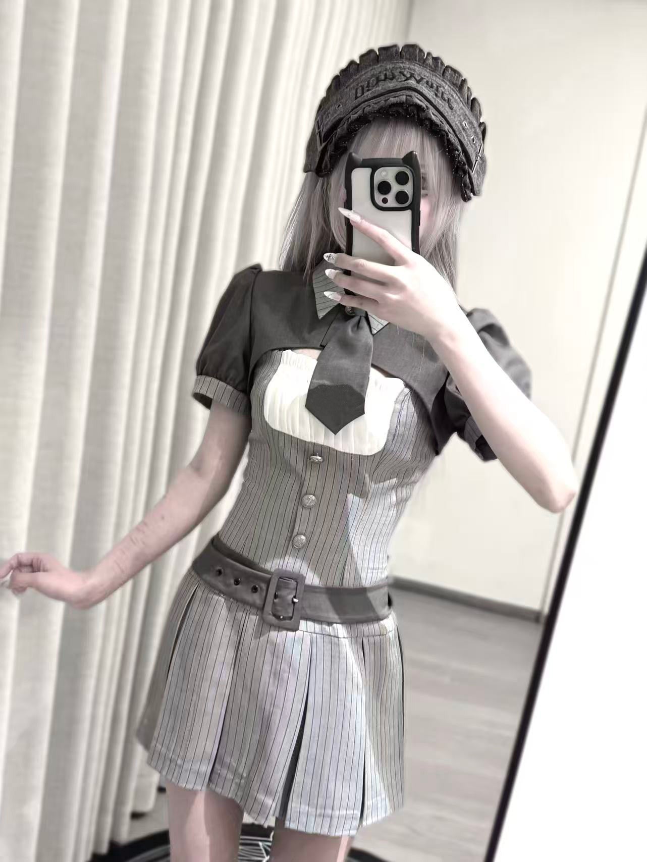 【4月15日予約締切】グレーピンストライプタイカラーショートジャケットドレスフルセット＋ジュエルキャスケット