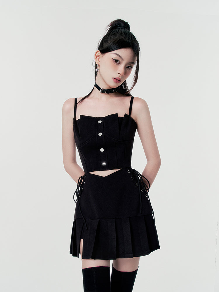 Punk rock lace-up split sass bustier dress + check short jacket