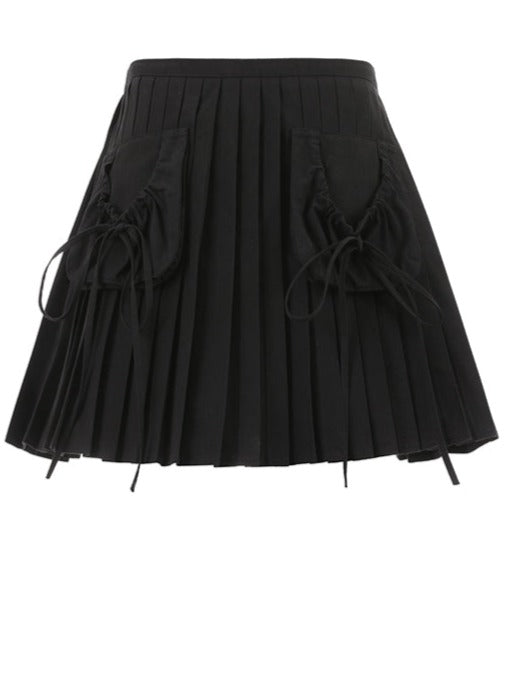 Pocket ribbon volume pleated skirt