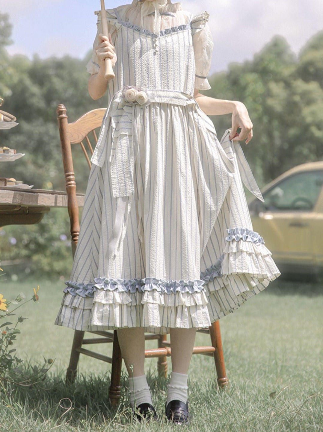 Sheer Lace Puff Sleeve Inner Shirt + Ruffled Shoulder Striped Fairy Dress + Handmade Corsage