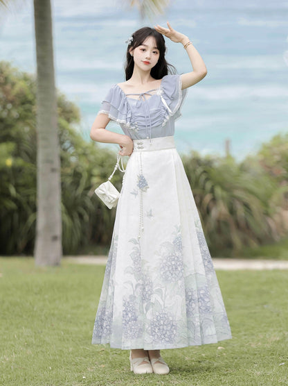 Hydrangea Letter Sweet China Ruffle Ruffle Ribbon Top Skirt Suit