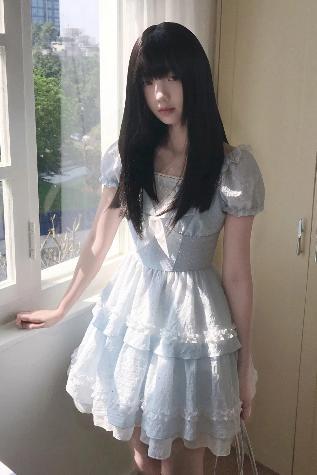 아이스 스위트 퍼프 시스루 레이스 원피스