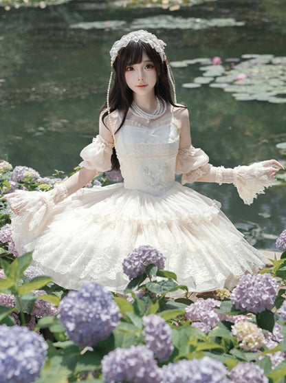 [Reservation Product] Pure White Girly Lolita Dress + Cardigan + Inner Top + Veil + Sleeves