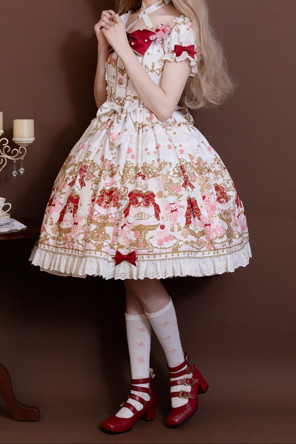 【4月26日予約締切】レトロロマンスイートロリータリボンケーキプリントホルターネックドレス