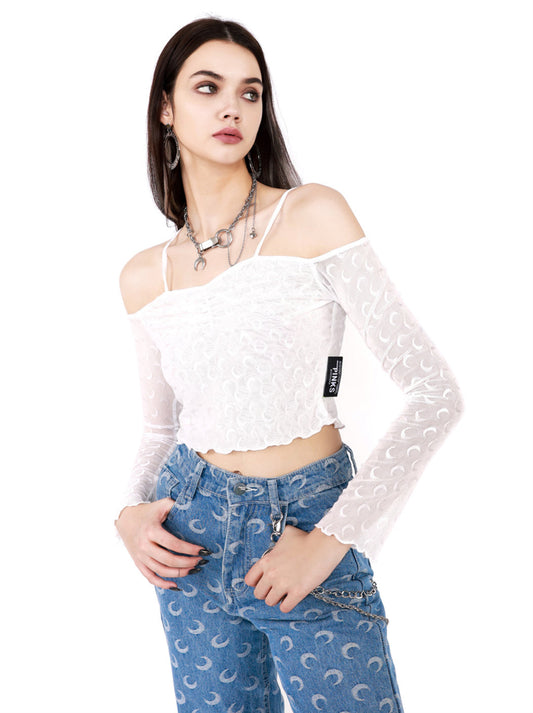 Y2K Hot Girls Super Moon Sheer Sleeve Ruffle Cami Top