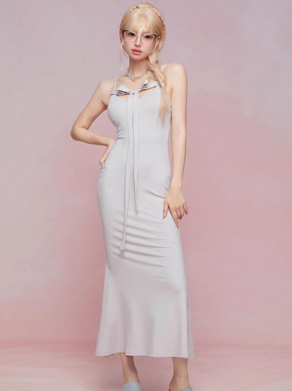 GirlyFancyClub Premium Cold Grey Slim Hip Mermaid Long Skirt Chest Pad Two Wear Slip Dress