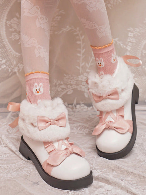 Snow Lolita Mid Heel Color Block Ribbon Sweet Velvet Short Boots