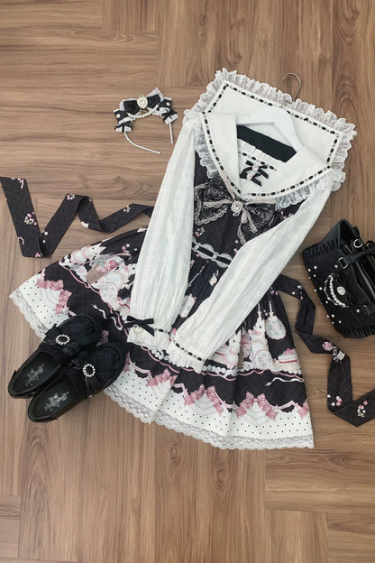 【8月30日予約締切】Black and Pink rabbit print lace sailor collar Op dress +pleated dress skirt set＋ 3 Styles of Bow Tie Available
