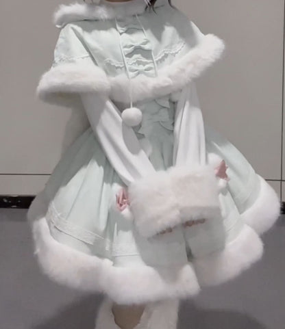 【12月19日予約締切】Sweet Dream Rabbitミントグリーンうさ耳フーディーファーケープ＋OPドレス＋サスペンダードレス＋インナートップス