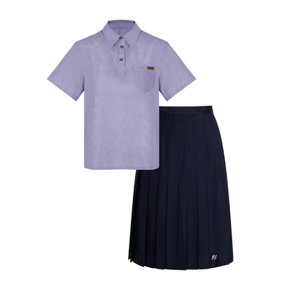 カレッジポロカラーシャツ＋ストライプシャツ＋プリーツショートスカート＋ベーシックロングスカート