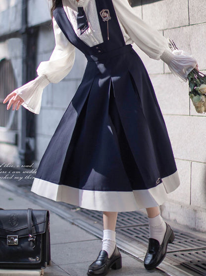 College Style Retro Elegant Ruffle Chiffon Blouse + Cyan Dress + Beret + Emblem + Tie