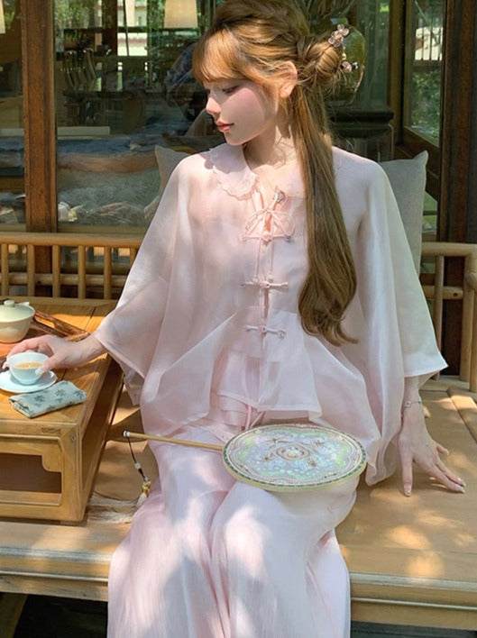 [Reservations] Sweet Sheer Chinese Cardigan + Camisole + Wide Leg Pants
