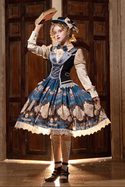 [Reservation Deadline: November 6] Navy Blue/Brown Classic Italian Travel Diary Lolita Stripe Puff Sleeve Bow Lace Vintage Print One-Piece Dress
