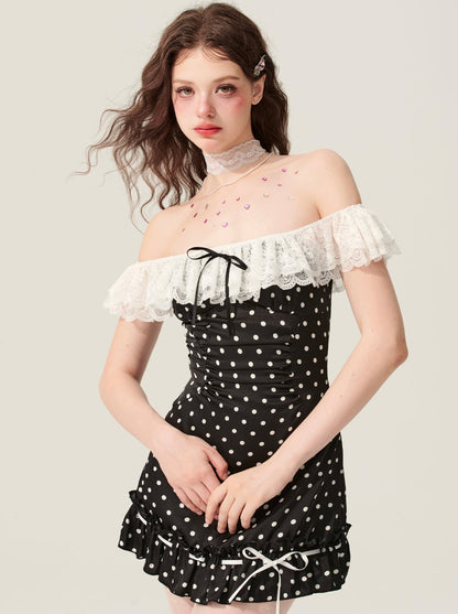 Lace Off-the-shoulder Dot Dress
