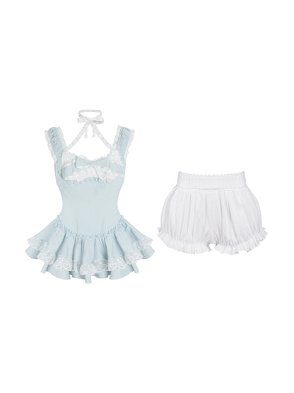 Mint Ice Crystal Blue Dress + White Bubble Pants